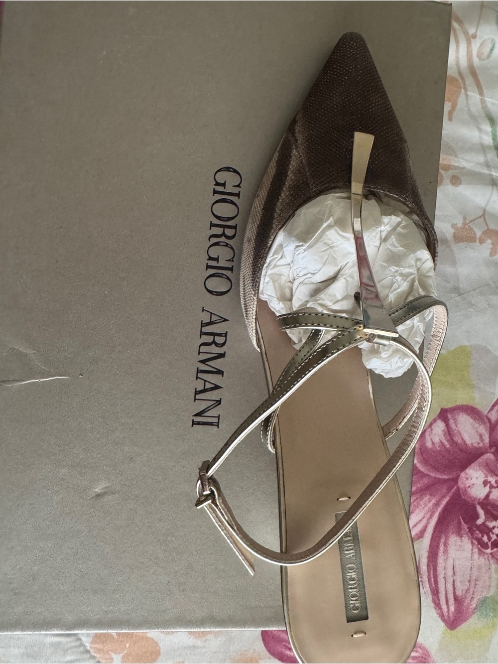 Giorgio Armani Metallic Brown Pointed T-Strap Flat